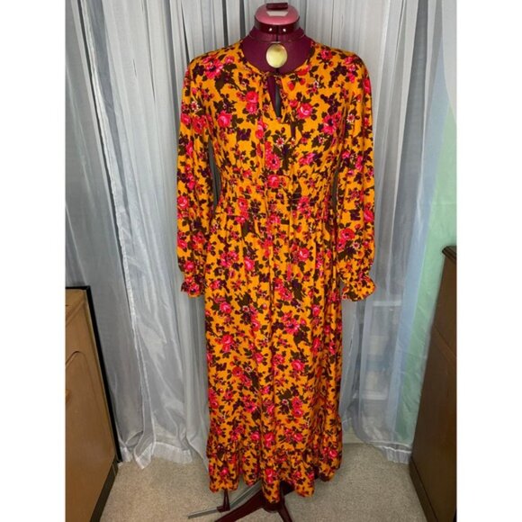 1970s peasant dress floral boho flowerpower mustard pink - Picture 6 of 13